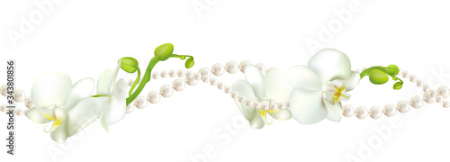 Flowers. Floral background. Pearls. Seamless pattern. White orchids. Tropical plants.