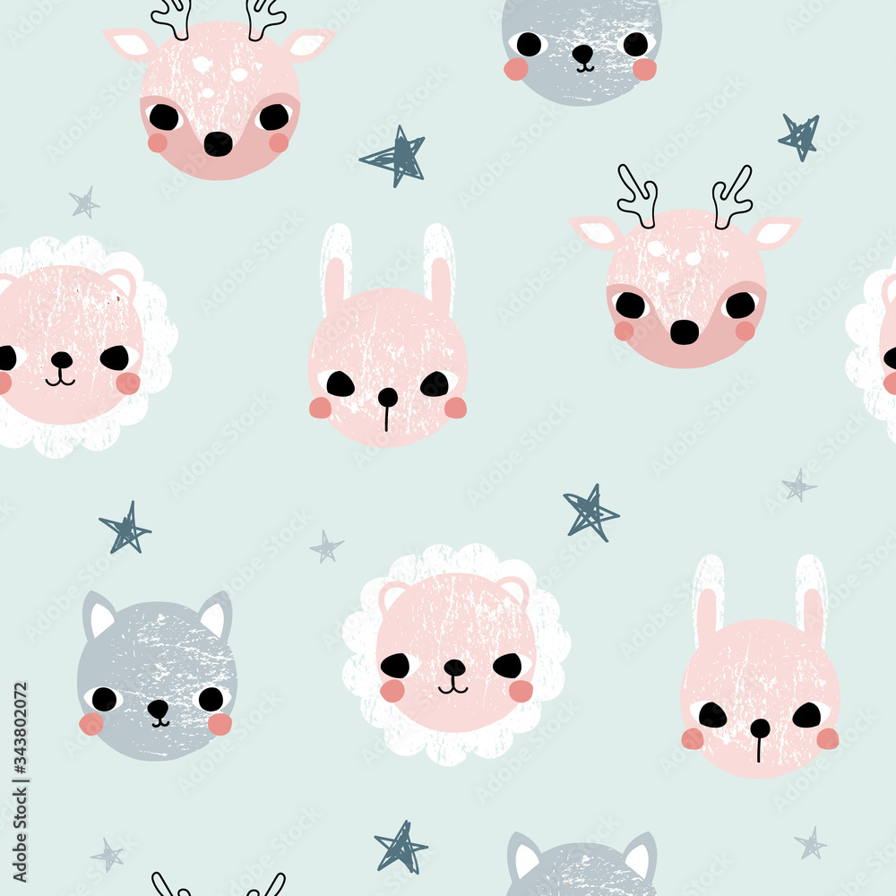 Fototapeta premium Seamless pattern with cute animals and stars. Vector hand drawn illustration.