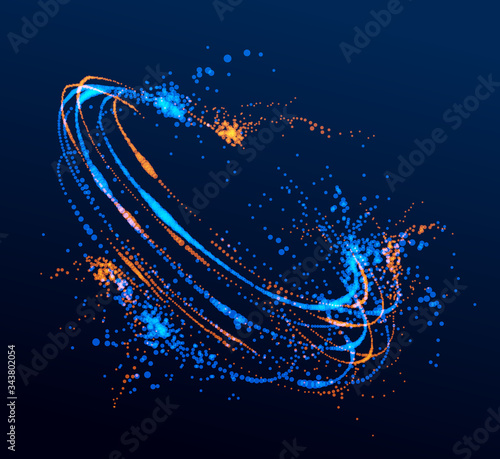 Dotted particle whirl flowing vector abstract background, life forms bio theme microscopic vortex design, dynamic dots elements in spin motion.