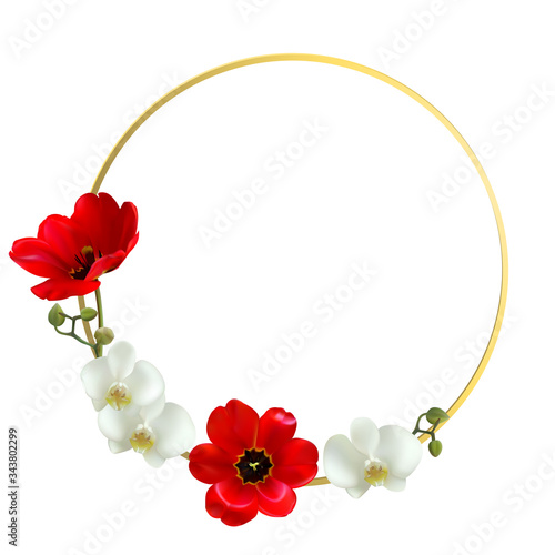 Flowers. Floral background. White orchids. Red tulips. Gold ring. Petals.