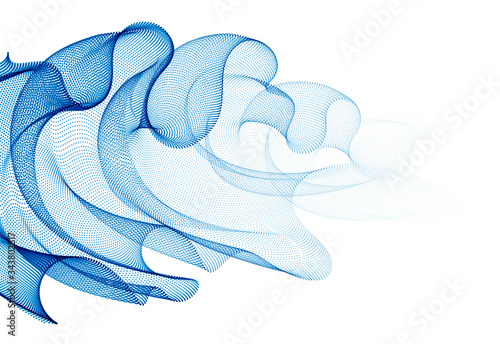 Flowing energy particles, wave of blended dots transparent tulle textile on wind. Curved dotted 3d lines vector effect illustration. 3d futuristic technology style.
