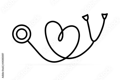 Doodle stethoscope icon isolated on white. Outline medicine tool. Hand dreawing line art. Sketch vector stock illustration