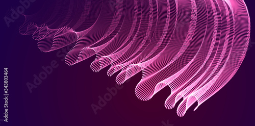 Array of magic particles flowing over dark, dynamic wave transparent tulle textile on wind. 3d vector illustration. Mesh round dots, beautiful relaxing wallpaper illustration.