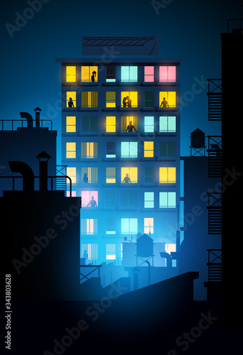 A large block of apartments with people inside looking out of the windows at night. Vector illustration.