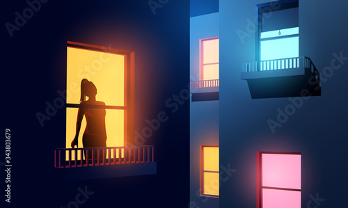 A women silhouetted looking out of her illuminated apartment window at night during Covid-19 lockdown. self-isolation and lockdown due to coronavirus. Vector illustration