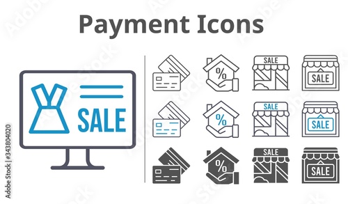 payment icons icon set included online shop, mortgage, shop, credit card icons
