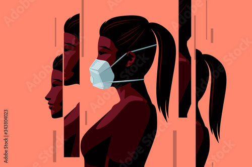 A women wearing a face mask during the Covid-19 coronavirus outbreak and coming to terms with the new normal. Changed lives and mental health concept. Vector illustration