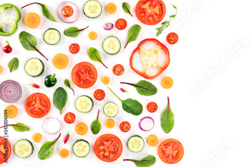 Fresh summer vegetables, a flat lay on a white background, vibrant food pattern, shot from the top with a place for text, a design template