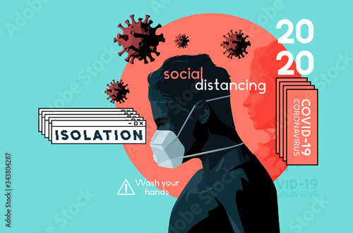 A self isolating man wearing a face mask in the Covid-19 crisis. Mental health, stress and anxiety caused by the outbreak of coronavirus. Vector illustration.