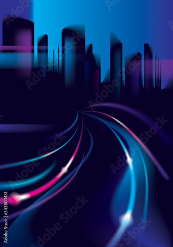 Light trails on the street of big city in the night. Effect vector beautiful background. Blur colorful dark background with cityscape, buildings silhouettes skyline.