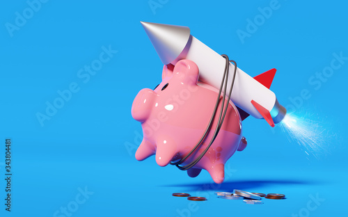 Super charging your savings. A pink piggy bank strapped to a rocket launching it into the air. Money and savings concept. 3D illustration. photo