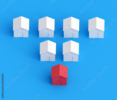 Hot Property amongst others  red house amongst the white. Many houses one is red. 3d illustration