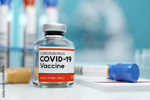 A single bottle vial of Covid-19 coronavirus vaccine in a research medical lab. 3D illustration.