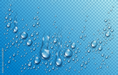 Water rain drops or condensation in shower realistic transparent 3d vector composition over transparency checker grid, easy to put over any background or use droplets separately.