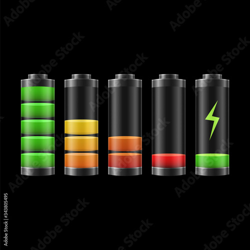 Realistic Detailed 3d Battery Charge Indicators Row. Vector