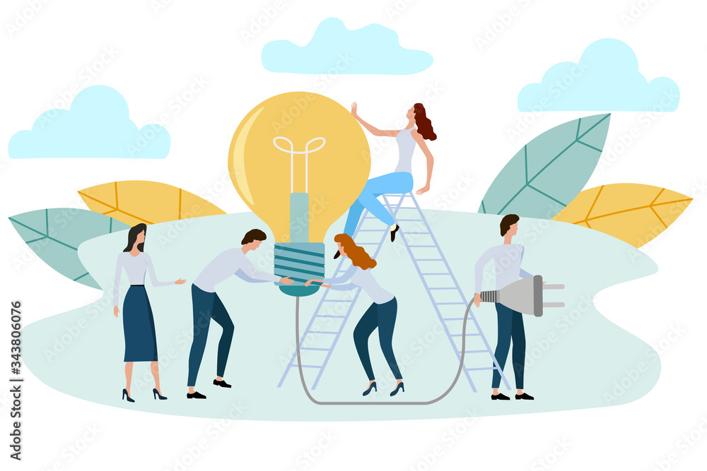 Vector illustration.Little people with a big light bulb.The concept of achieving a goal, brainstorming, birth of ideas for business. Vector illustration.Little people with a big light bulb.The concept of achieving a goal, brainstorming, birth of ideas for business.