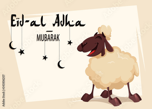 Eid al-Adha Mubarak. Funny cartoon ram.