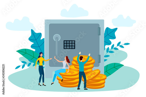 Vector illustration.People on the background of money and a Bank safe.The concept of keeping money in Bank cells.