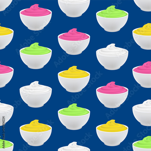 Realistic 3d Detailed White Bowls Sour Cream Seamless Pattern Background. Vector