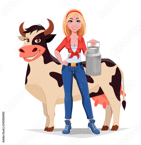 Happy smiling farm girl stands near cow