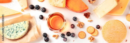 Canvas-taulu Cheese and wine tasting and pairing flat lay panorama on a white background with a place for text