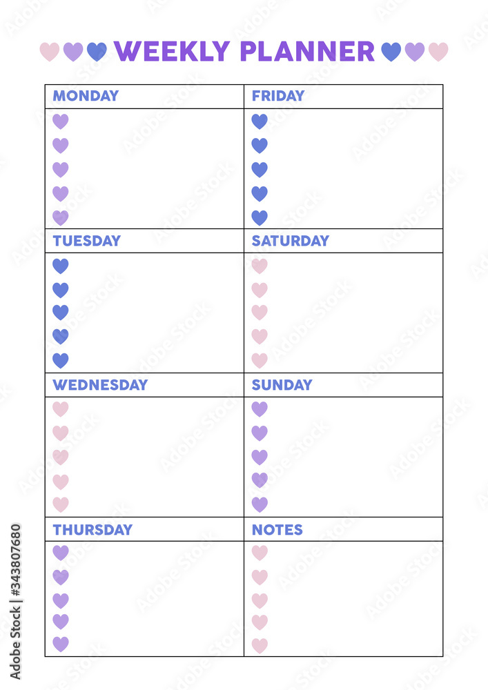Weekly planner for diary, organiser, notebook with hearts. Printable A4 planner. Vector Illustration. . Weekly planner for diary, organiser, notebook with hearts. Printable A4 planner. Vector Illustration. .