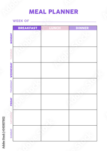 Meal planner for diary, organiser, notebook. Printable A4 planner. Vector Illustration.