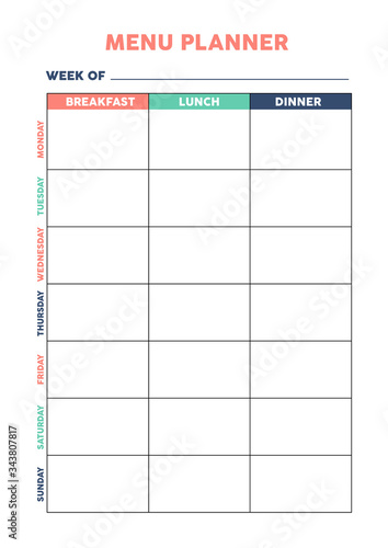 Meal planner for diary, organiser, notebook. Printable A4 planner. Vector Illustration.