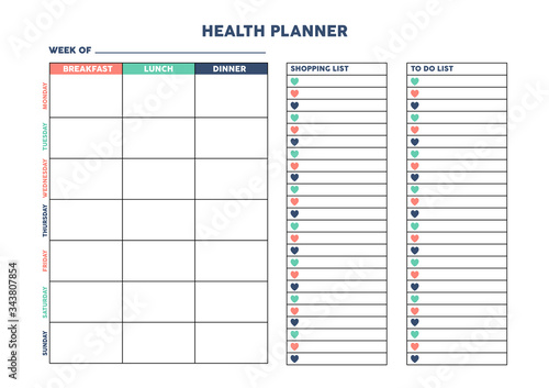 Health planner for diary, organiser, notebook. Printable A4 planner. Vector Illustration.