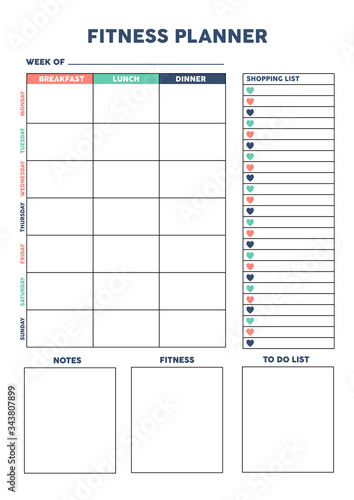 Gym, workout training , fitness planner for diary, organiser, notebook with hearts. Printable A4 planner. Vector Illustration.