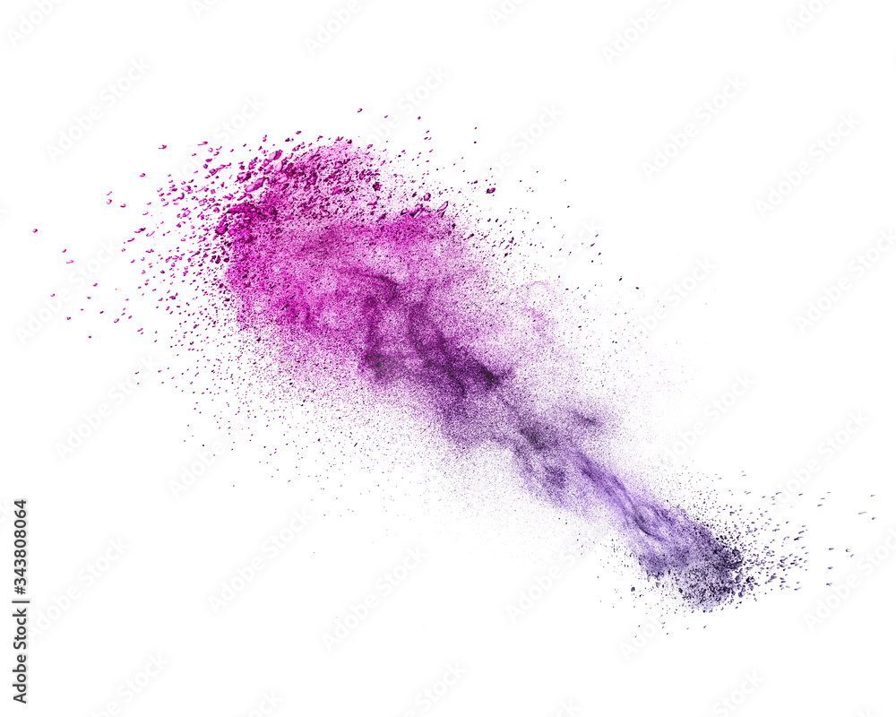 Explosion of purple colored powder or dust on a white background.