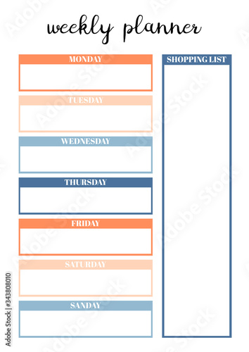 Weekly planner for diary, organiser, notebook. Printable A4 planner. Vector Illustration.