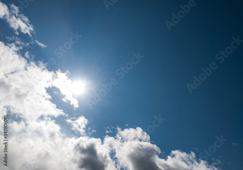 Blue sky background with white clouds and bright sun.