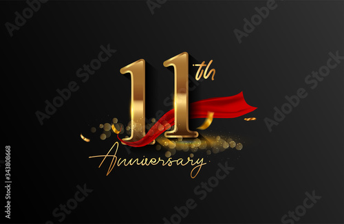 11th anniversary logo with red ribbon and golden confetti isolated on elegant background, sparkle, vector design for greeting card and invitation card.