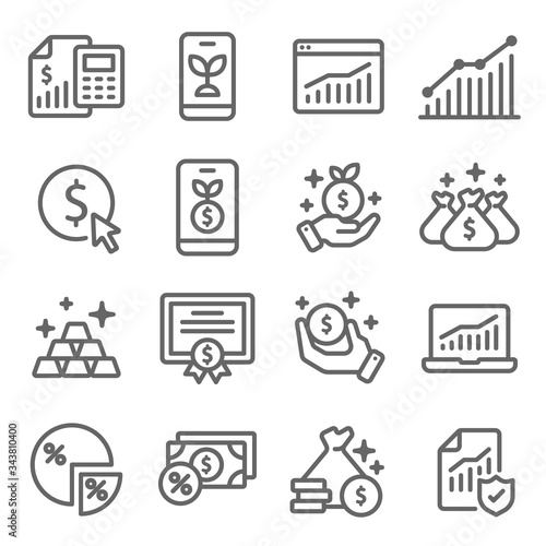 Investment symbol icon set vector illustration. Contains such icon as Gold, Portfolio, Certificate, Stock market, Growth, Finance and more. Expanded Stroke