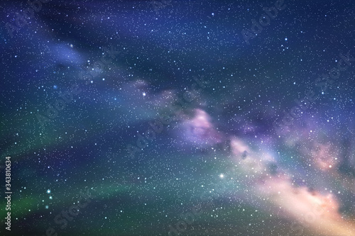 Vector illustration with Milky Way and green aurora borealis. Space dark background with our galaxy in night starry sky