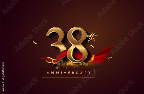 38th anniversary logo with red ribbon and golden confetti isolated on elegant background, sparkle, vector design for greeting card and invitation card.