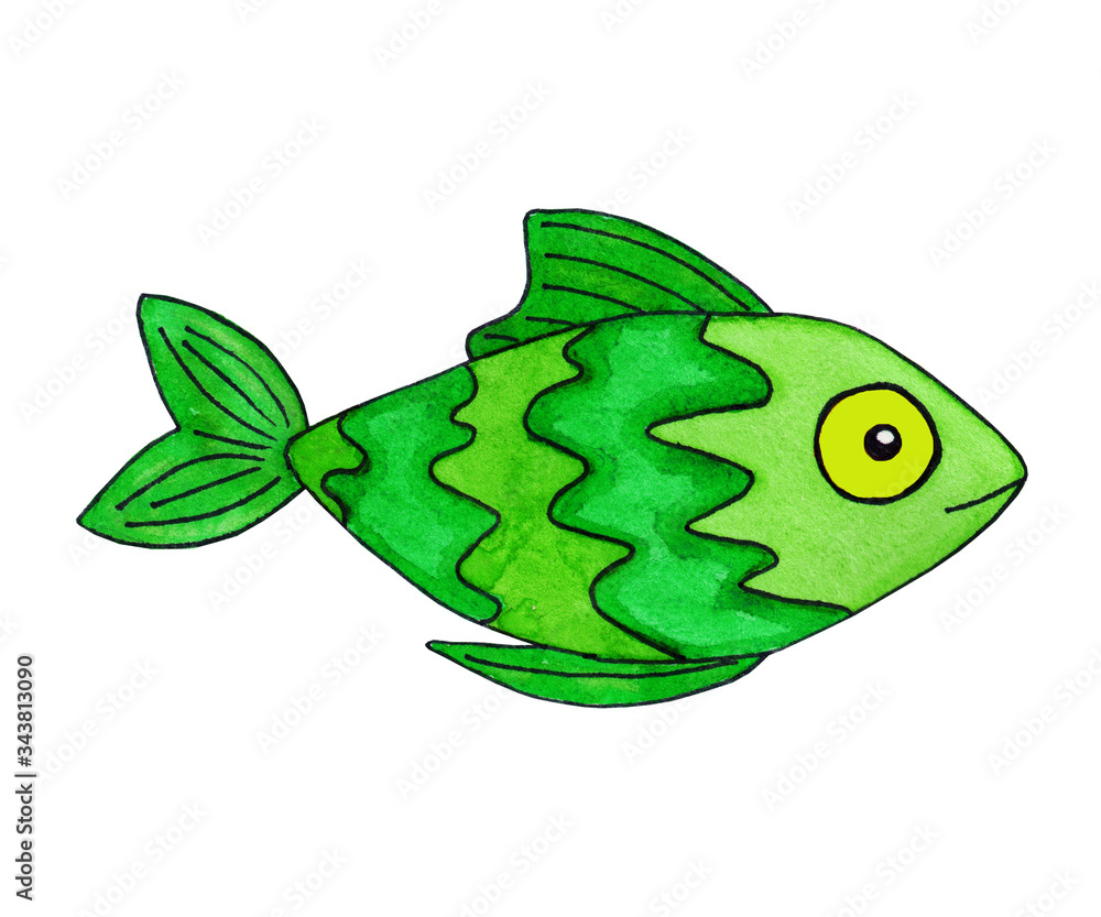 Bright funny fish with yellow eye. Bright contrast colors. Green and lime. Wavy stripes. Hand drawn watercolor illustration.
Bright funny fish with yellow eye. Bright contrast colors. Green and lime. Wavy stripes. Hand drawn watercolor illustration.