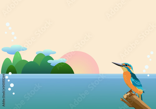 カワセミと海の背景素材