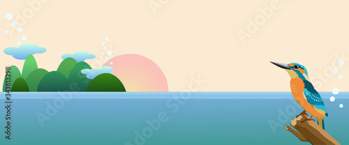 カワセミと海の背景素材