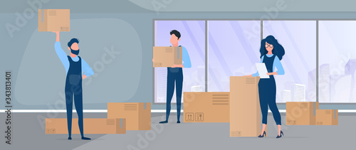 Moving home. Office relocation to a new location. Movers carry boxes. The concept of transportation and delivery of goods. Vector.