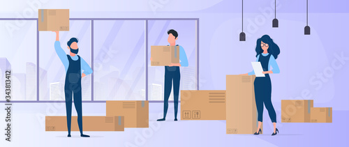 Moving home. Office relocation to a new location. Movers carry boxes. The concept of transportation and delivery of goods. Vector.