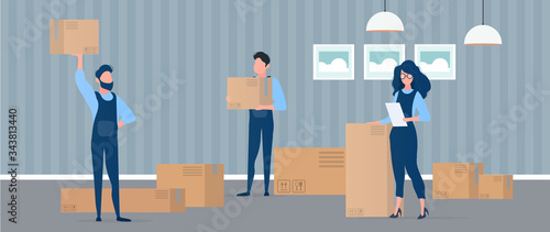 Moving home. Office relocation to a new location. Movers carry boxes. The concept of transportation and delivery of goods. Vector.
