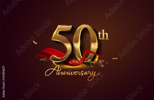 50th anniversary logo with red ribbon and golden confetti isolated on elegant background, sparkle, vector design for greeting card and invitation card