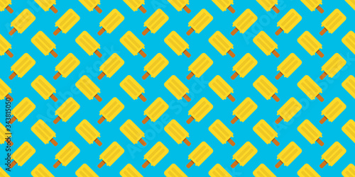 Yellow ice cream on blue background, seamless pattern background, summer background concept, vector.
