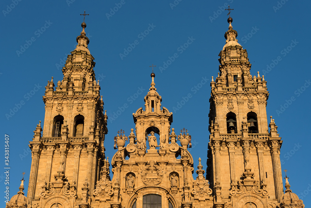 Santiago de Compostela Cathedral, Galicia, Spain. Obradeiro square in Santiago de Compostela The ending point of ancient pilgrim routes, Camino de Santiago or Way of St. James