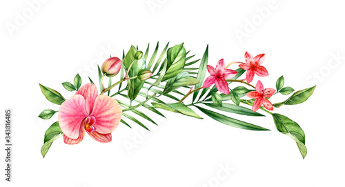 Watercolor Orchid arch. Big orange and pink tropical flowers, palm leaves. Hand painted floral wreath. Botanical illustrations isolated on white
