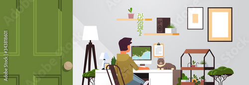 woman freelancer using computer monitor working at home during coronavirus quarantine self-isolation freelance concept modern living room interior horizontal closeup vector illustration