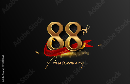 88th anniversary logo with red ribbon and golden confetti isolated on elegant background, sparkle, vector design for greeting card and invitation card photo