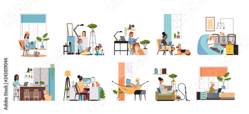 set mix race women freelancers using laptop working at home during coronavirus quarantine self-isolation freelance social distancing concept horizontal full length vector illustration